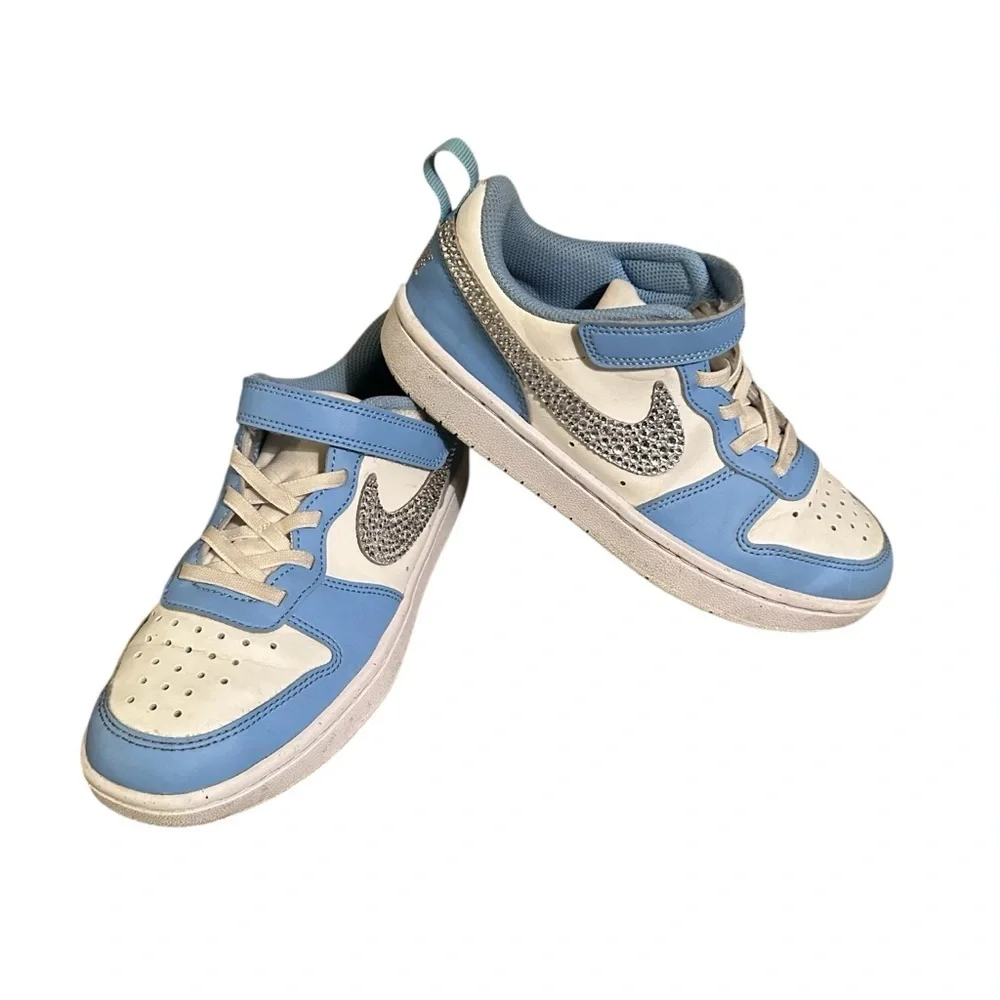 Big Kids NIKE COURT 2.5 Blue White Sneakers Bling Swoosh Logo Crystals